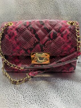 Michael Kors Sloan Large Quilted Fuscia Python Embossed Leather Shoulder Bag